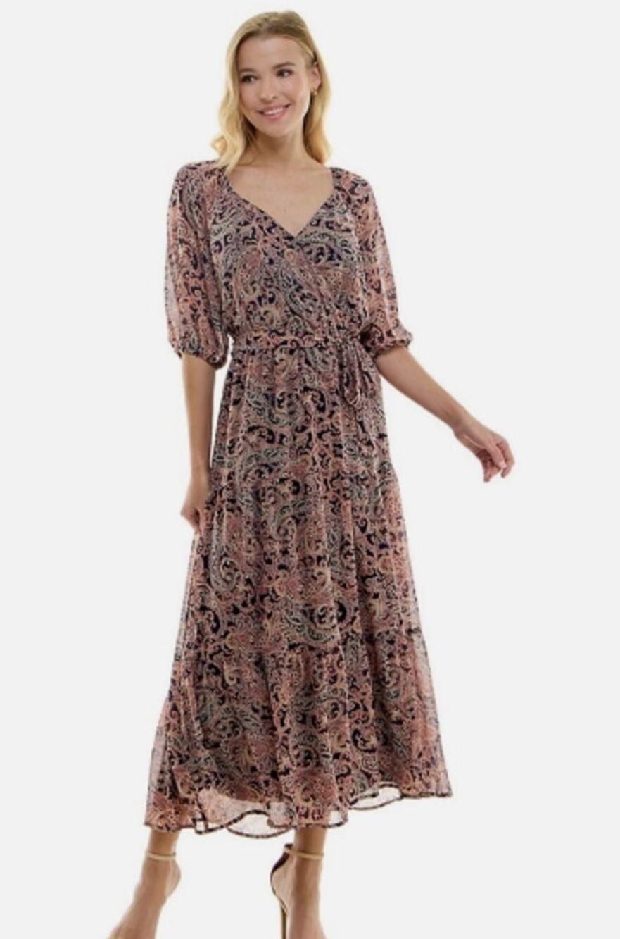 Luxology Size S Bohemian Chiffon Tiered Maxi Dress Paisley Faux Wrap Lined